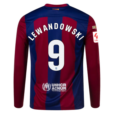 Men's Replica Nike Lewandowski Barcelona Long Sleeve Home Jersey 23/24