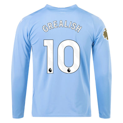 Men's Replica Puma Grealish Manchester City Long Sleeve Home Jersey 23/24