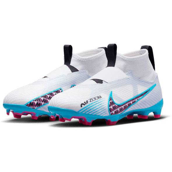 Nike Junior Air Zoom Mercurial Superfly 9 Pro Q FG Firm Ground Soccer Cleat - White/Blue/Pink/Indigo/Black