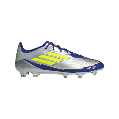 adidas F50 Elite Messi FG Firm Ground Soccer Cleats- Silver Metallic/Solar Yellow/Lucid Blue