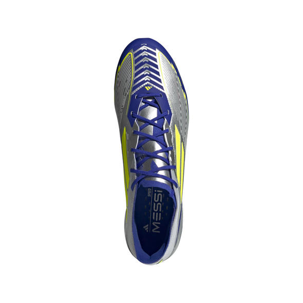 adidas F50 Elite Messi FG Firm Ground Soccer Cleats- Silver Metallic/Solar Yellow/Lucid Blue