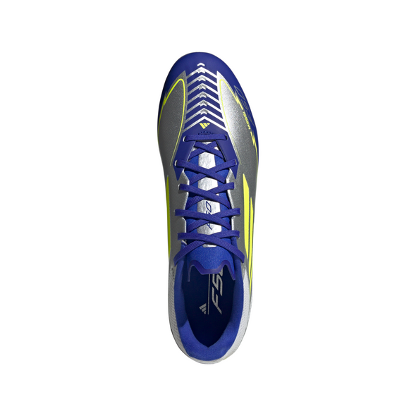 adidas F50 League Messi FG Firm Ground Soccer Cleats- Silver Metallic/Solar Yellow/Lucid Blue