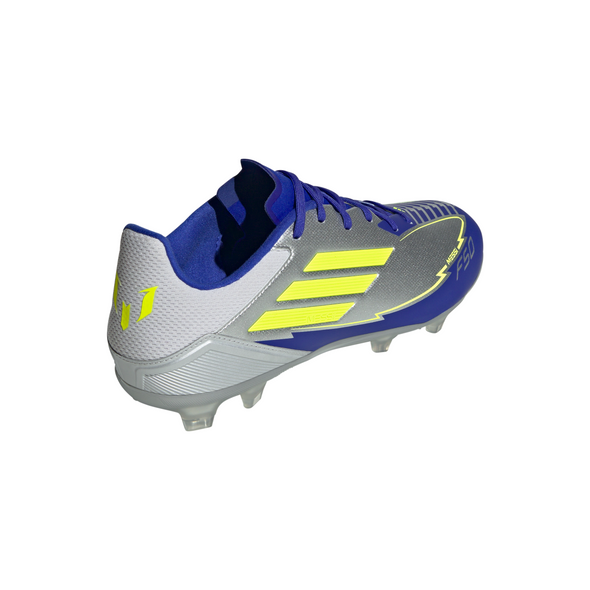 adidas F50 League Messi FG Firm Ground Soccer Cleats- Silver Metallic/Solar Yellow/Lucid Blue