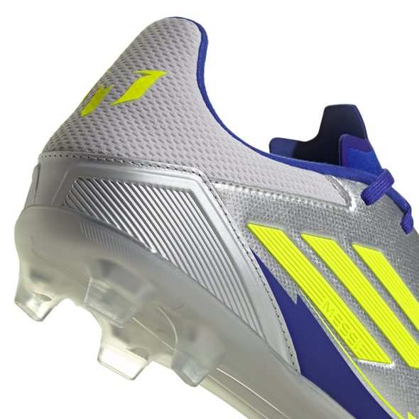 adidas F50 League Messi FG Firm Ground Soccer Cleats- Silver Metallic/Solar Yellow/Lucid Blue