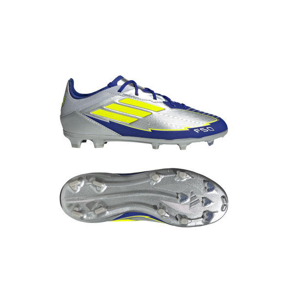 adidas Junior F50 Elite Messi FG Firm Ground Soccer Cleats- Silver Metallic/Solar Yellow/Lucid Blue