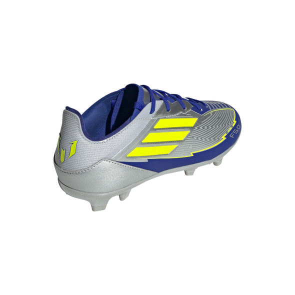 adidas Junior F50 Elite Messi FG Firm Ground Soccer Cleats- Silver Metallic/Solar Yellow/Lucid Blue