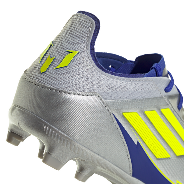 adidas Junior F50 Elite Messi FG Firm Ground Soccer Cleats- Silver Metallic/Solar Yellow/Lucid Blue