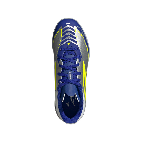 adidas Junior F50 League Messi TF Turf Soccer Cleats - Silver Metallic/Solar Yellow/Lucid Blue