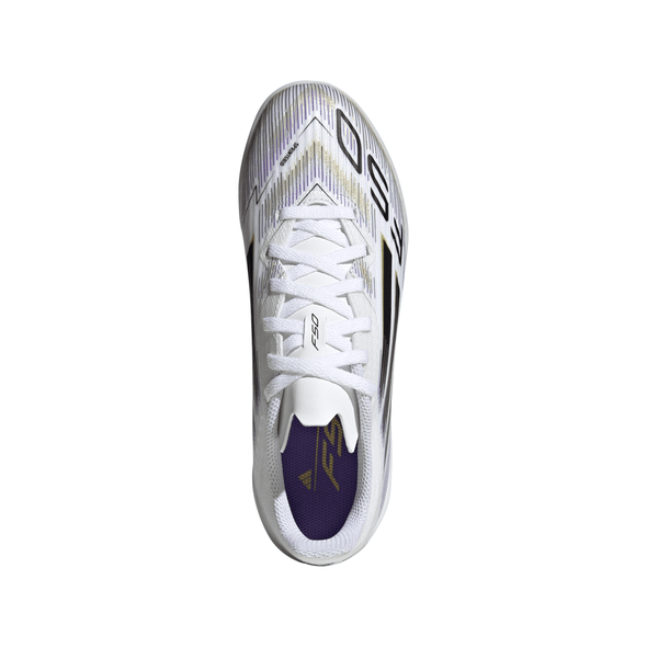 adidas F50 League Junior TF Turf Soccer Cleats-Cloud White/Core Black/Gold Metallic