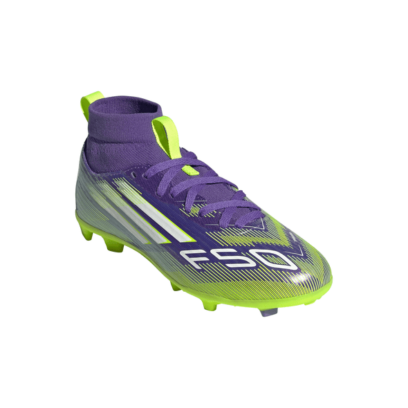 adidas F50 League Mid Junior FG/AG Firm/Artificial-Ground Soccer Cleats- Purple Rush / Cloud White / Lucid Lemon