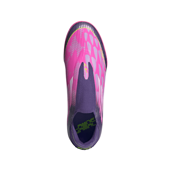 adidas F50 League Laceless Lamine Yamal TF Turf Soccer Cleats- Purple / Cloud White / Lucid Lemon