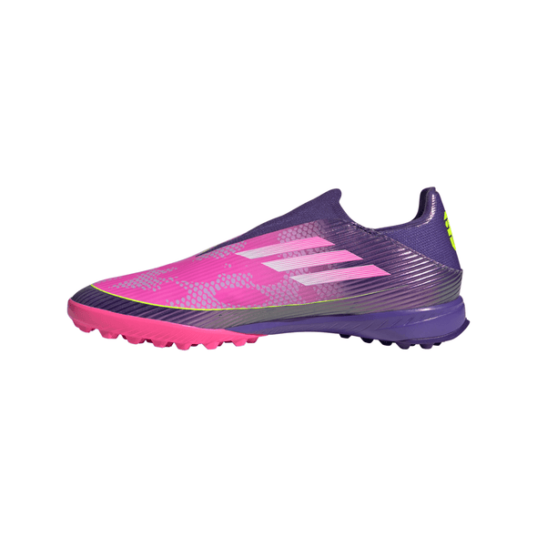 adidas F50 League Laceless Lamine Yamal TF Turf Soccer Cleats- Purple / Cloud White / Lucid Lemon
