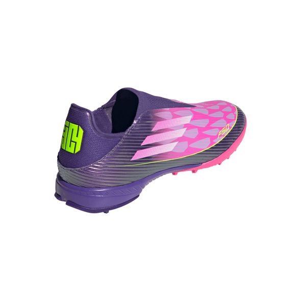 adidas F50 League Laceless Lamine Yamal TF Turf Soccer Cleats- Purple / Cloud White / Lucid Lemon