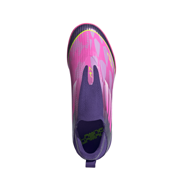 adidas F50 League Laceless Lamine Yamal Kids TF Turf Soccer Cleats- Purple / Cloud White / Lucid Lemon