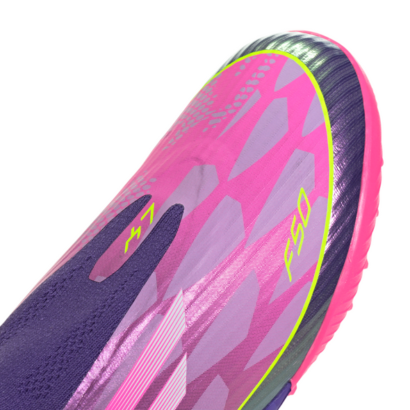 adidas F50 League Laceless Lamine Yamal Kids TF Turf Soccer Cleats- Purple / Cloud White / Lucid Lemon