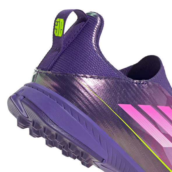 adidas F50 League Laceless Lamine Yamal Kids TF Turf Soccer Cleats- Purple / Cloud White / Lucid Lemon