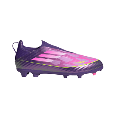 adidas F50 League Laceless Lamine Yamal Kids FG Firm Ground Soccer Cleats- Purple / Cloud White / Lucid Lemon