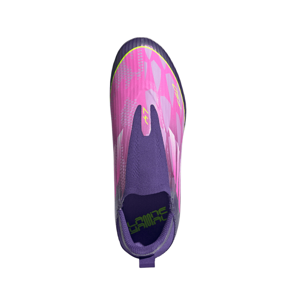 adidas F50 League Laceless Lamine Yamal Kids FG Firm Ground Soccer Cleats- Purple / Cloud White / Lucid Lemon