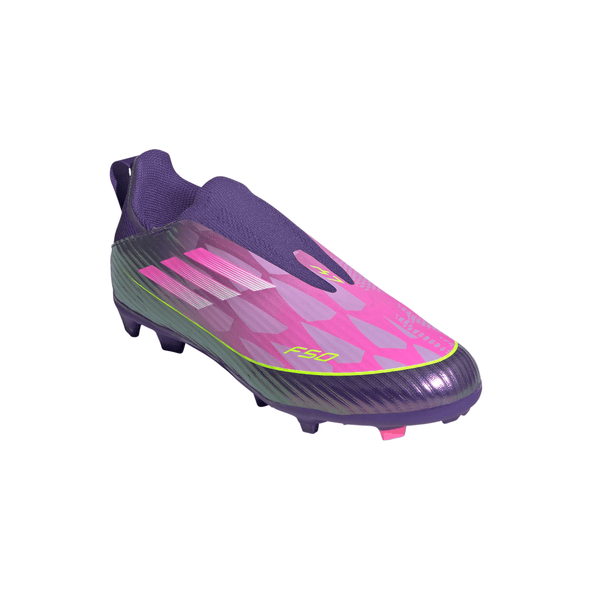 adidas F50 League Laceless Lamine Yamal Kids FG Firm Ground Soccer Cleats- Purple / Cloud White / Lucid Lemon