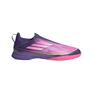 adidas F50 League Laceless Lamine Yamal Kids Indoor Soccer Shoes- Purple / Cloud White / Lucid Lemon