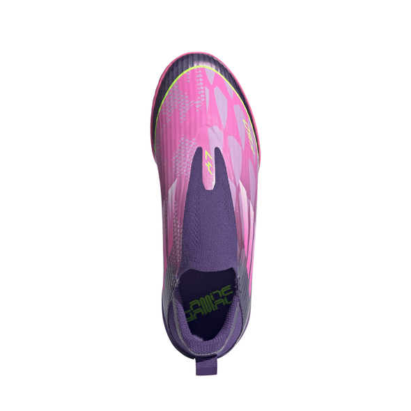 adidas F50 League Laceless Lamine Yamal Kids Indoor Soccer Shoes- Purple / Cloud White / Lucid Lemon