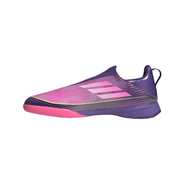 adidas F50 League Laceless Lamine Yamal Kids Indoor Soccer Shoes- Purple / Cloud White / Lucid Lemon