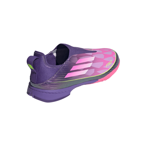 adidas F50 League Laceless Lamine Yamal Kids Indoor Soccer Shoes- Purple / Cloud White / Lucid Lemon