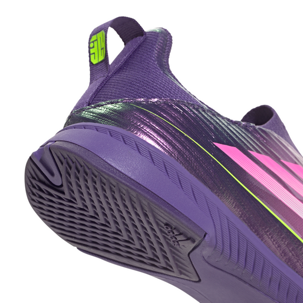 adidas F50 League Laceless Lamine Yamal Kids Indoor Soccer Shoes- Purple / Cloud White / Lucid Lemon