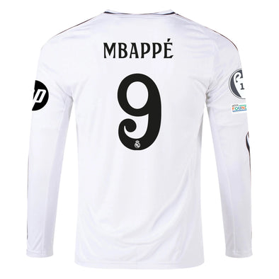 Men's Replica adidas Mbappe Real Madrid Long Sleeve Home Jersey 24/25 - UCL