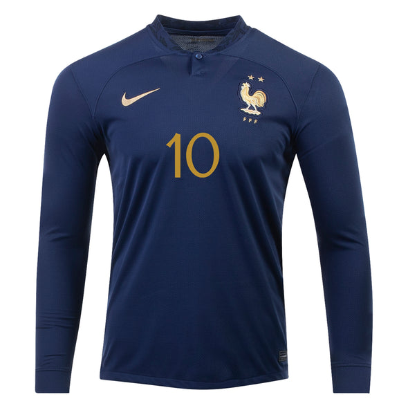 Men's Replica Nike Mbappe France Long Sleeve Home Jersey 2022