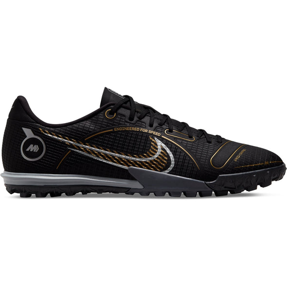Nike Mercurial Vapor 14 Academy TF Turf Soccer Shoes: Black/Metallic Gold/ Metallic Silver