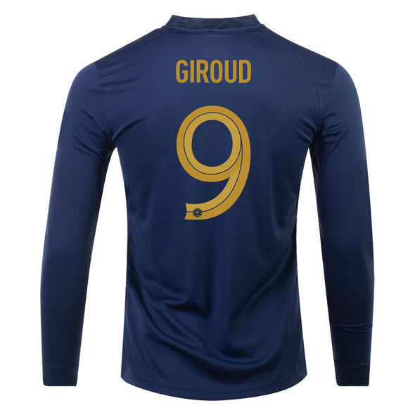 Men's Replica Nike Giroud France Long Sleeve Home Jersey 2022