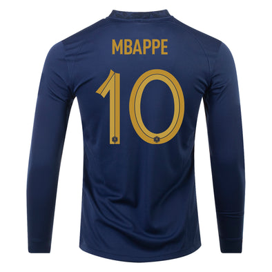Men's Replica Nike Mbappe France Long Sleeve Home Jersey 2022
